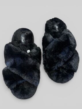 PINK Victorias Secret Crisscross Faux Fur Slide Slippers Small 5-6 Black